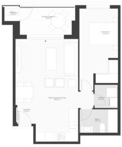 Interior de una vivienda pequeña y luminosa en Atrium Residencial, con grandes ventanales y estilo moderno